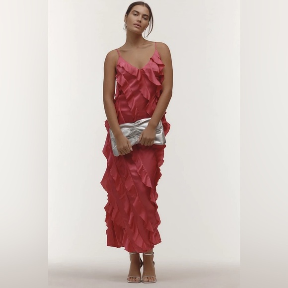 NWT! By Anthropologie Pink Bias-Cut Ruffled Midi Dress - Size Small 🟤 - Picture 1 of 6